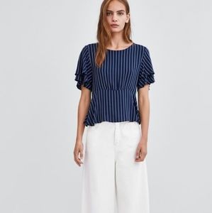 ZARA NWT Navy Striped Frill Top Size S